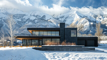 A sleek and contemporary residence with a black facade and minimalist landscaping, set against a backdrop of snow-covered mountains glistening in the sunlight.