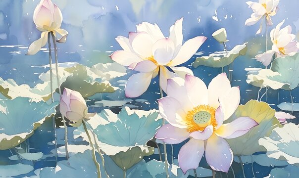 Close-up of pond with blooming lotus flowers, watercolor painting, Generative AI 