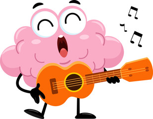 Funny Brain Cartoon Character Playing A Guitar And Singing. Vector Illustration Flat Design Isolated On Transparent Background