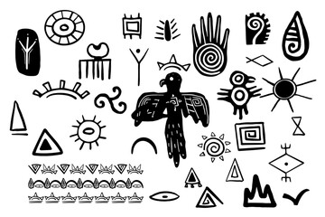 Tibal traditional primitive aztec elements doodle style, mexican indigenous native print, collection torems symbols isolated on white background.