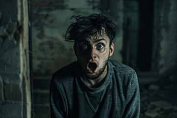 Young man with shocked expression in a dilapidated building