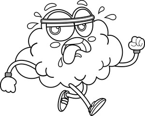 Outlined Funny Brain Cartoon Character Jogging. Vector Hand Drawn Illustration Isolated On Transparent Background