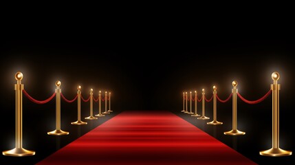 a red carpet with gold poles and rope barriers