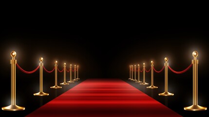 a red carpet with gold poles and rope barriers