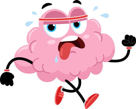 Funny Brain Cartoon Character Jogging. Vector Illustration Flat Design Isolated On Transparent Background