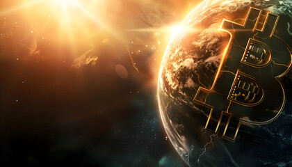 Background bitcoin symbol on the planet earth with an empty space