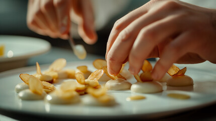 Close-up of the chef's hands plating a meticulously composed appetizer, with each element arranged thoughtfully to create an enticing visual and gastronomic experience.