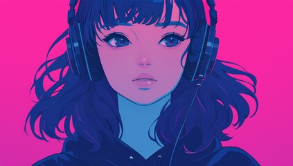 A girl with headphones, purple and pink color scheme, minimalism