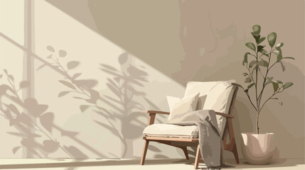 Armchair with cushions and blanket near beige wall Vector