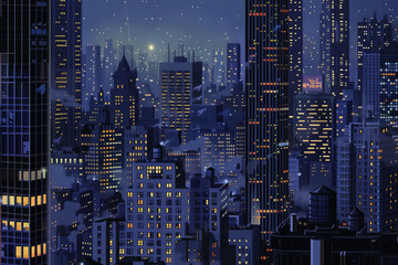 Starry night over a bustling pixel art cityscape