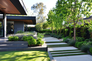 A sleek and modern house with a minimalist garden featuring clean lines and carefully curated plantings.