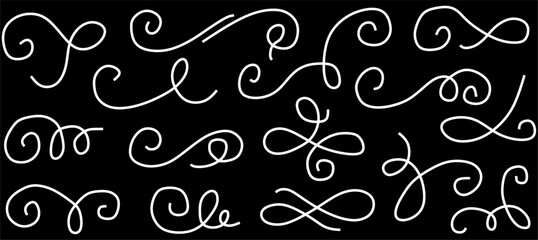 Line flourish swirl vector calligraphy ornament elements. Fancy line flourish text typography accent, filigree modern curve ornament. Curl elegant vintage simple design elements. Vector illustration
