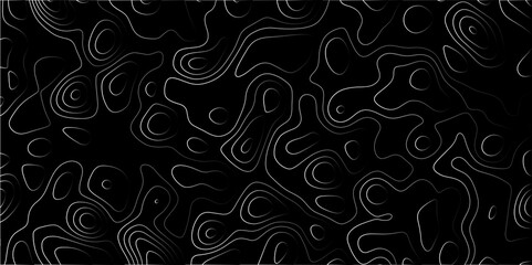 Contour map wavy background. Abstract Geographic Gradient line mountain on Black background. Geography scheme and terrain. Topography grid map. Stylized topographic contour map backdrop.