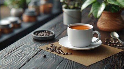 Cup of tea and coffee beans on wooden table, closeup - obrazy, fototapety, plakaty