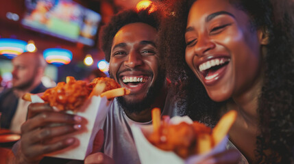 Close-up of a couple's cheerful expressions as they dig into chicken wings and fries at a sports bar, their enthusiasm adding to the energetic vibe of the bustling eatery. - obrazy, fototapety, plakaty