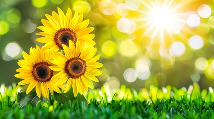 Obraz premium Vibrant Sunflower Field with Bright Sun Rays