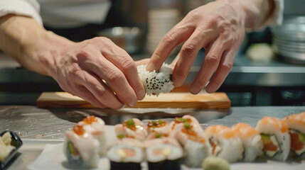 Obraz na płótnie Canvas A pair of hands skillfully rolling sushi, showcasing the precision and artistry of Japanese cuisine.