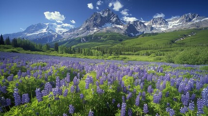 Obraz premium Mountain Rising Above Sprawling Field of Flowers