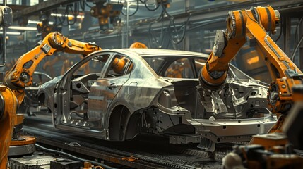 Robotic arms assembling a car in an automotive factory. Created with Generative AI