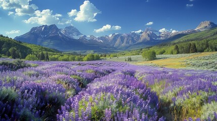Obraz premium Purple Flowers Field With Mountain Background