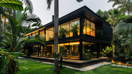 A sleek and stylish modern house with a black facade and floor-to-ceiling windows, surrounded by lush greenery and tall palm trees swaying in the breeze.