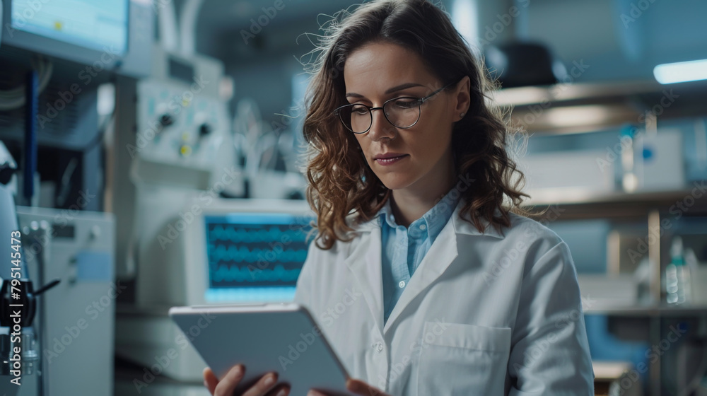 Poster focused female scientist using a tablet to analyze data in a modern laboratory setting, signifying r