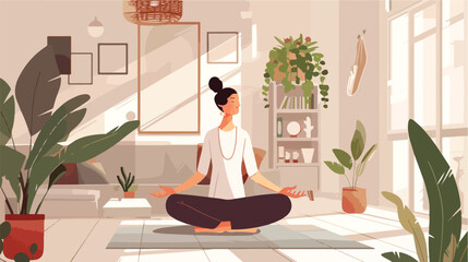 Stay home concept. Woman doing yoga in cozy modern 