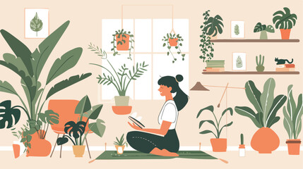 Stay home concept. Woman watering plants reading a book