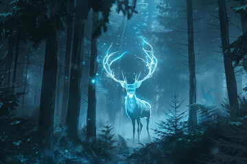 Magical glowing stag in a mystical blue forest at night