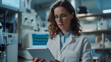 Focused female scientist using a tablet to analyze data in a modern laboratory setting, signifying research and technology.