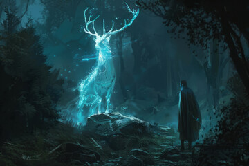 Mystical deer and cloaked figure in an eerie forest scene - Powered by Adobe