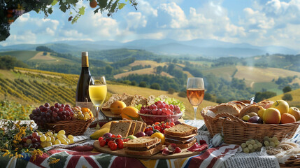 A picturesque picnic scene set against a backdrop of rolling hills, featuring a spread of...