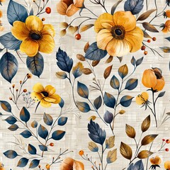 Watercolor seamless pattern with rustic flowers and leaves on a burlap-like texture