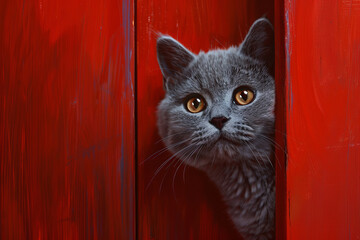 Adorable grey British Shorthair cat peeking from red background