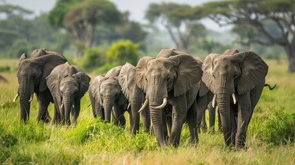 A herd of African Elephants walking through the grass in National Park, Tanzania.