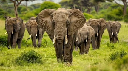 Foto op Aluminium Majestic elephant herd on African savannah. A herd of Elephants background. © Penatic Studio