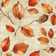 watercolor seamless pattern with autumn leaves in rustic feel, burlap-like texture