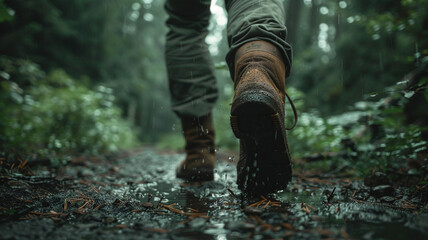 Close up of man's legs in walking on forest trail When it rains