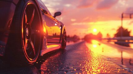 Close-up of a car on the road at sunrise