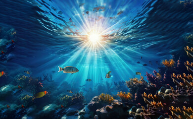 Fototapeta na wymiar a underwater scene with fish swimming under a sunlit sky. Generative ai 