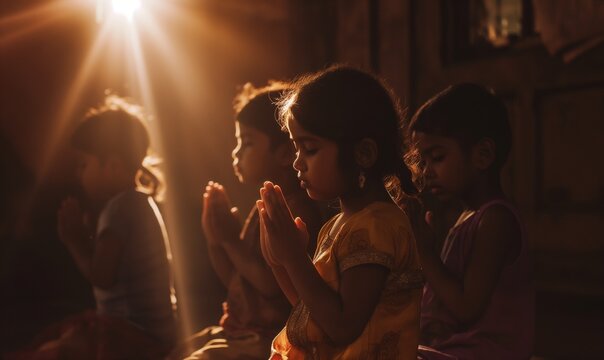 Group of children praying in dark room with sun light going through window