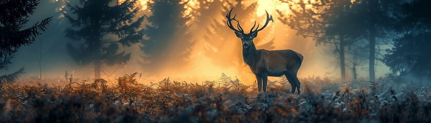 Silhouette of a deer in a misty forest at twilight - Powered by Adobe