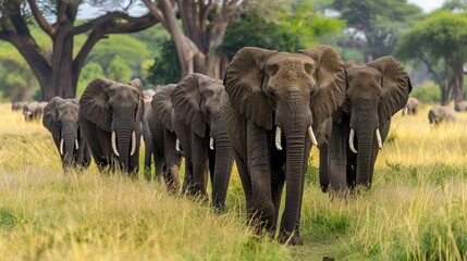Naklejka na ściany i meble A herd of Elephants walking through the grass in National Park, Majestic elephant herd on African savannah.
