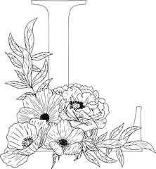 Hand drawn floral arrangement with peony ,roses and leaves wrapped around the letter L