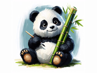 cute panda with bamboo and paint brush art with thick oil paint brush stroke