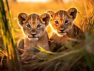 two young lions in the grass