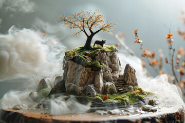 Miniature mountain ecosystem with a tree and mist