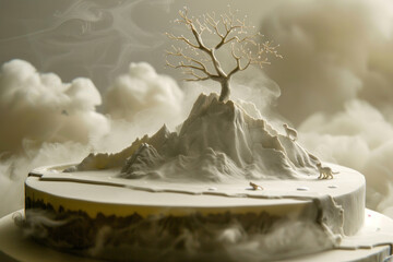 Stunning cake design with mountain landscape and golden tree