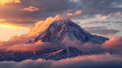 Vilyuchinsky volcano with clouds at sunrise in Kamchat