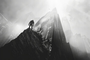 Silhouette of a climber reaching mountain peak in cityscape